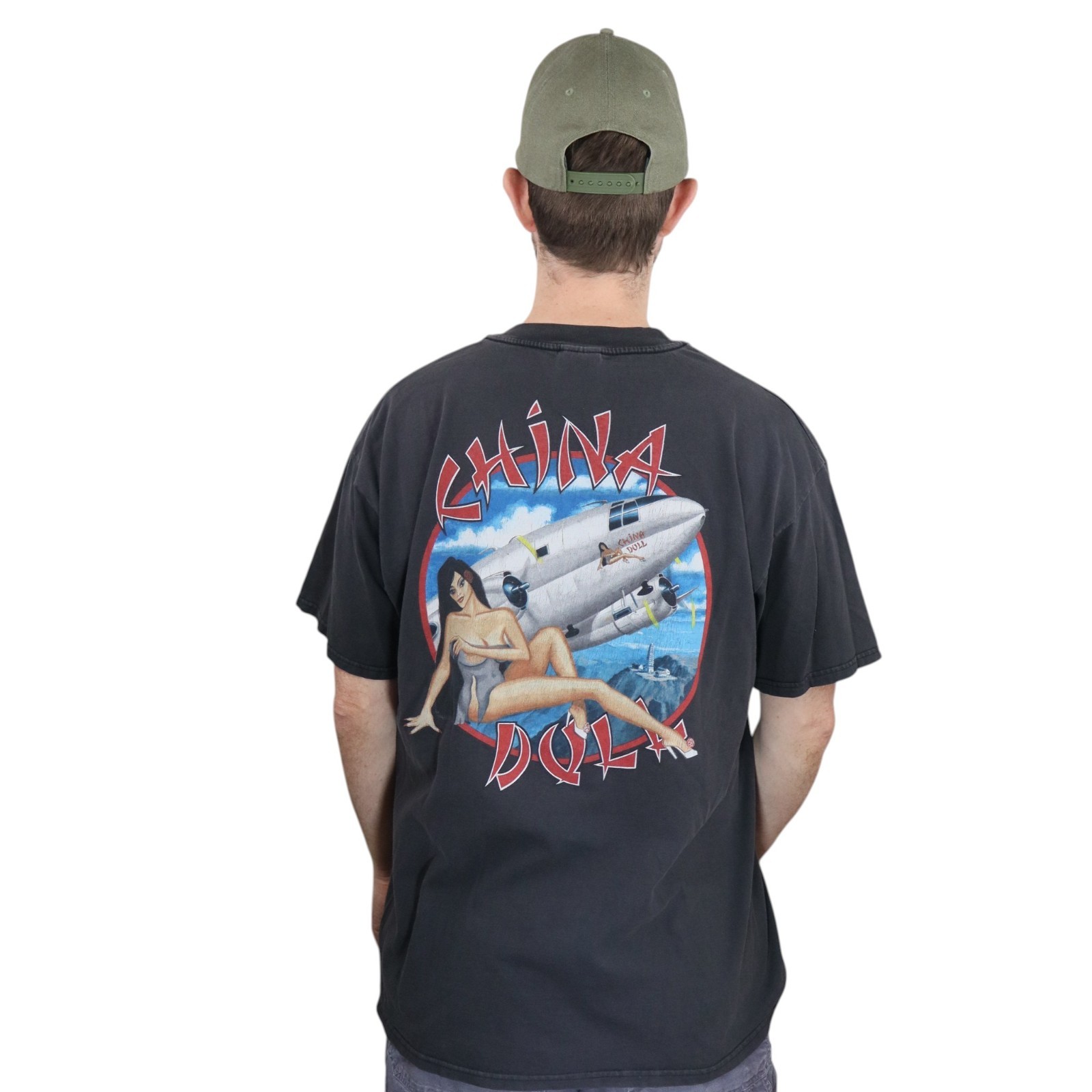 Vintage China Doll C46 Commando T Shirt Mens XL Black WWII Airplane Pin Up Tee gallery