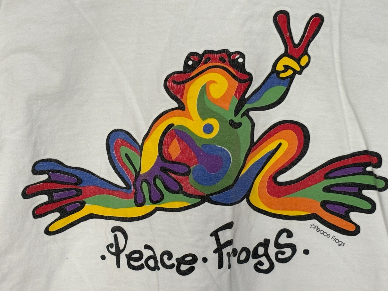 Peace Frogs T-Shirt Mens White Back Graphic Retro Long Sleeve Crew Neck Medium