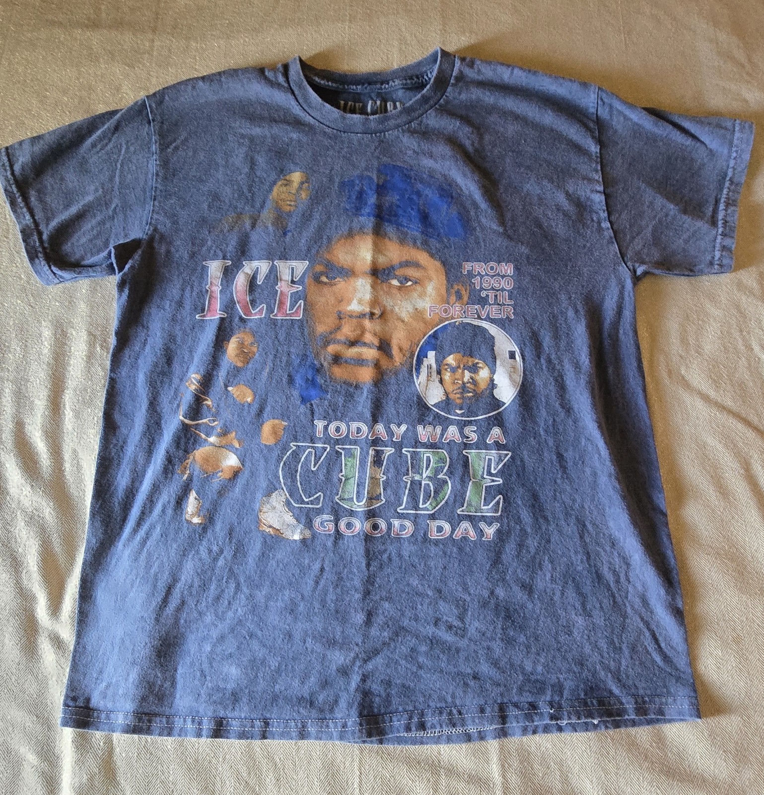 Ice Cube Blue Vintage-Style Acid Wash Rap T-Shirt Size L (42-44) Unisex