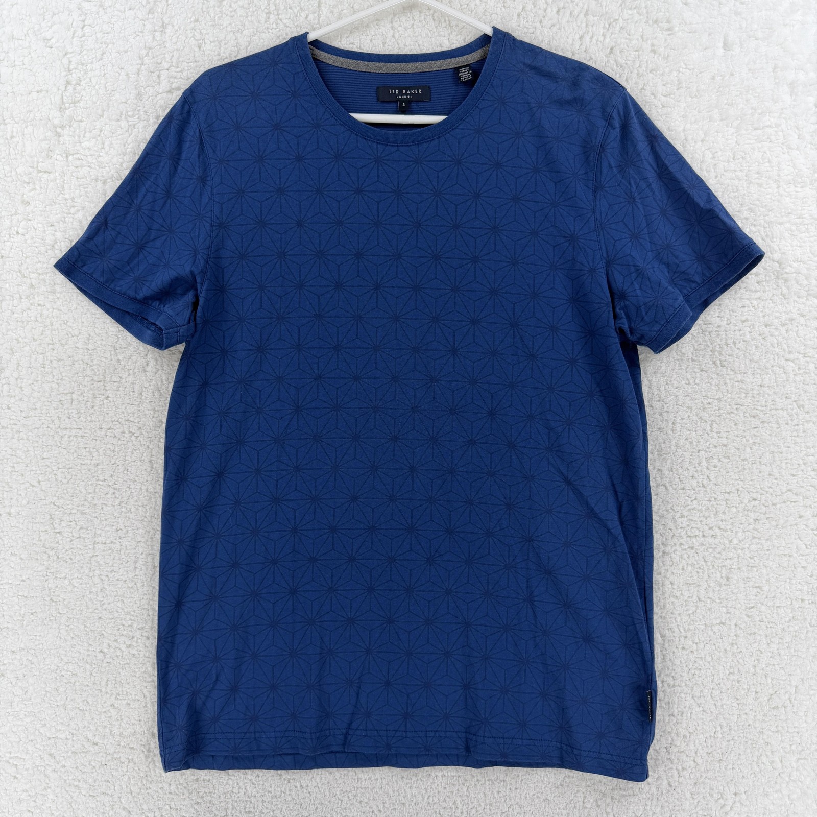 Ted Baker Shirt Mens 4 Blue Geometric Pattern Cotton Crewneck Tee Large