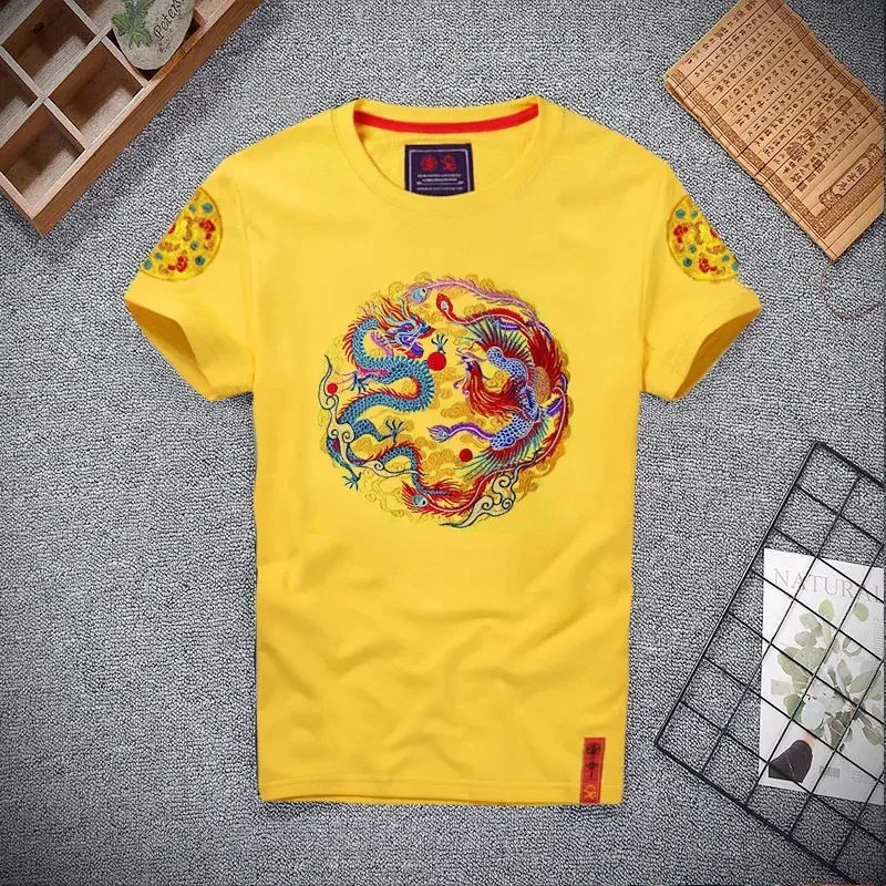 Men Dragon Phoenix Embroidered T-Shirt Chinese Style Short Sleeve Casual Top gallery