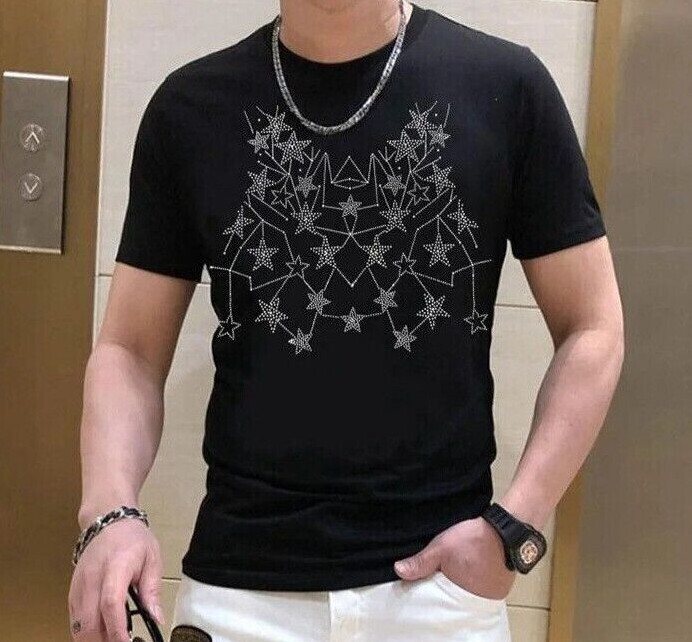 New Men Luxury Diamond Star Rhinestones Fashion Black White T-Shirt High Quality gallery