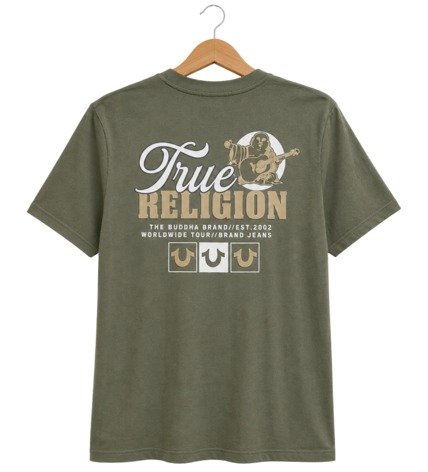 True Religion Mens T Shirt Medium Olive Green Raised Graphic Buddha Logo Tee NWT gallery