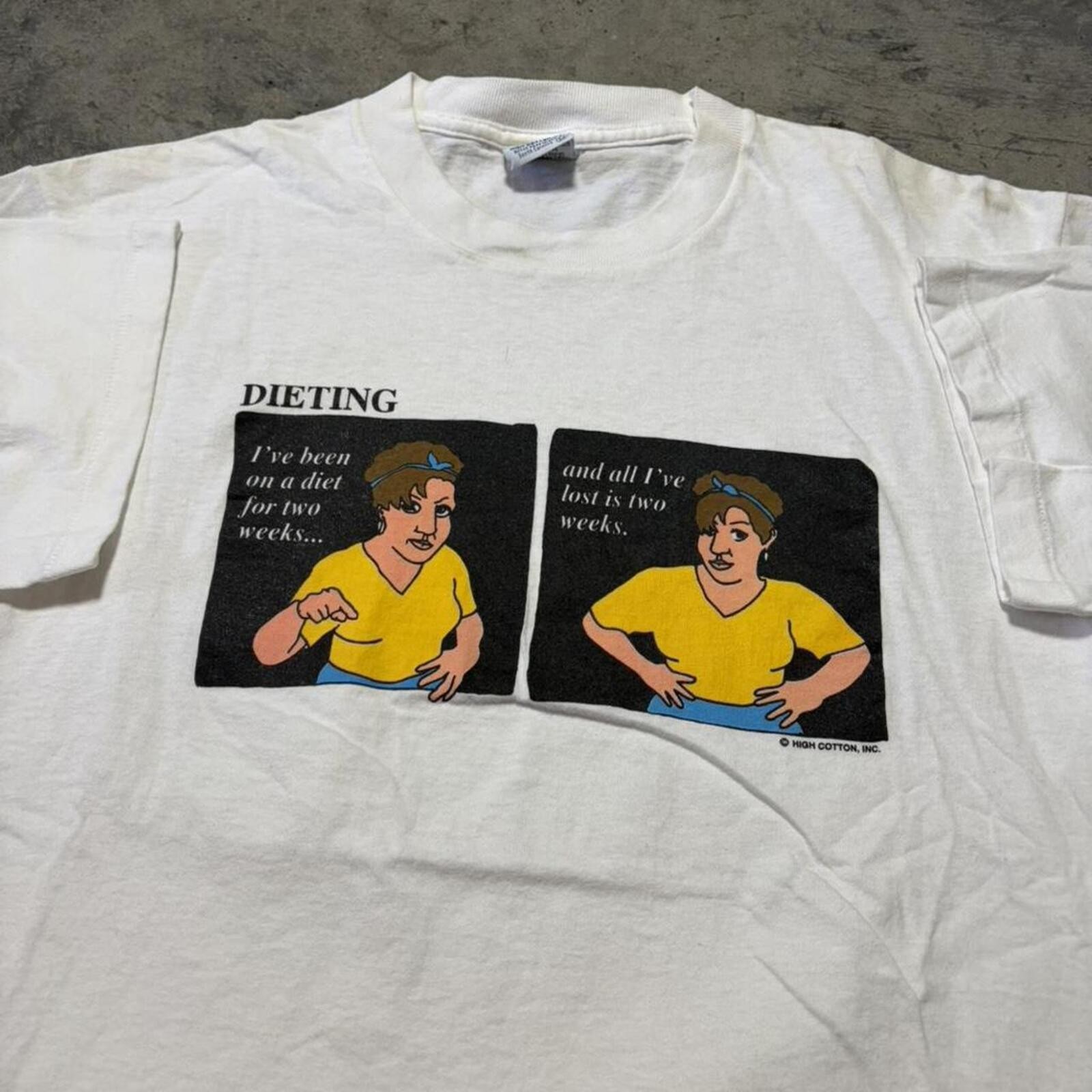 Vintage 90s Dieting Humor Graphic T Shirt High Cotton Novelty White Tee Retro M