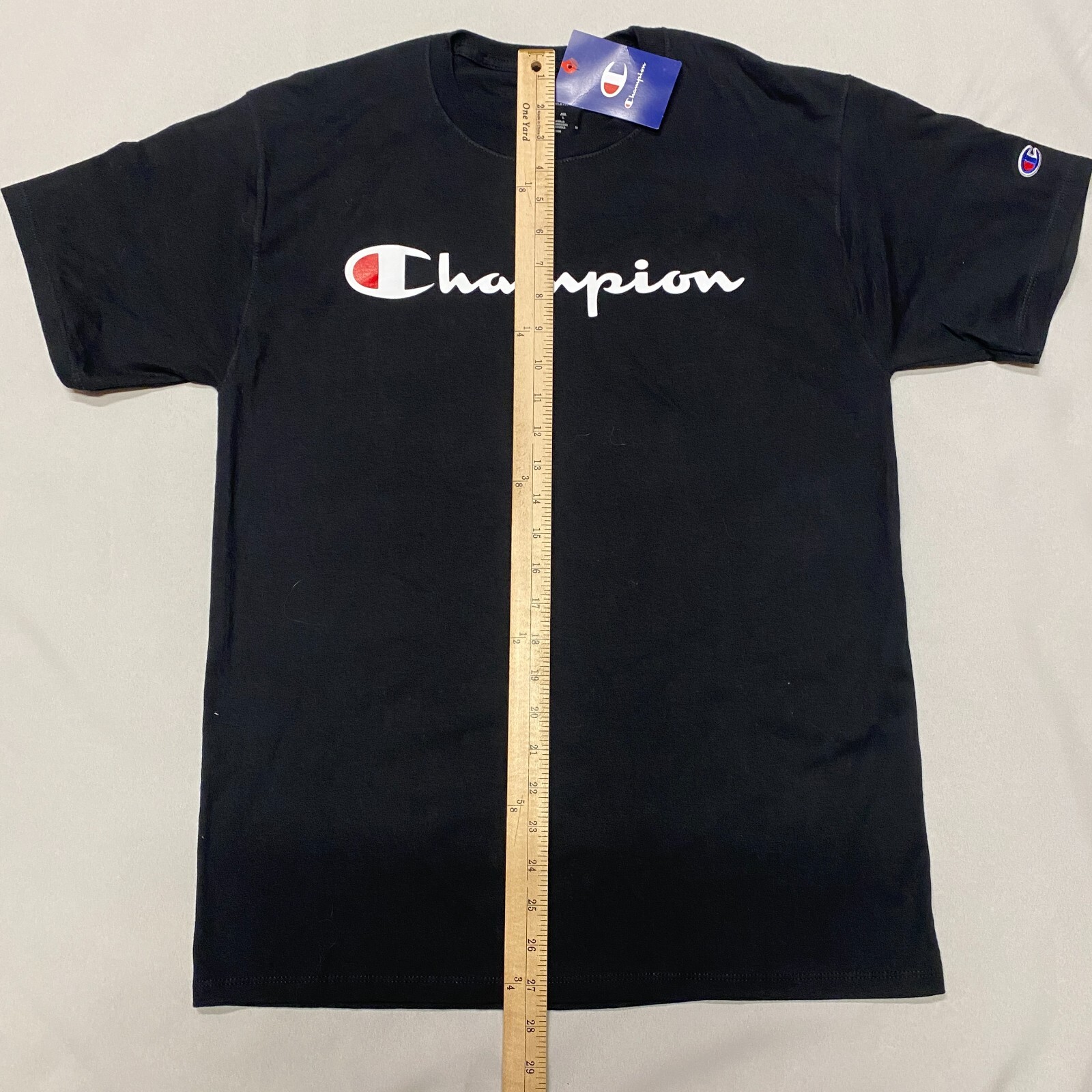 Champion Short Sleeve T-Shirt Velour Spellout Logo Men Medium Black Trendy Crew gallery