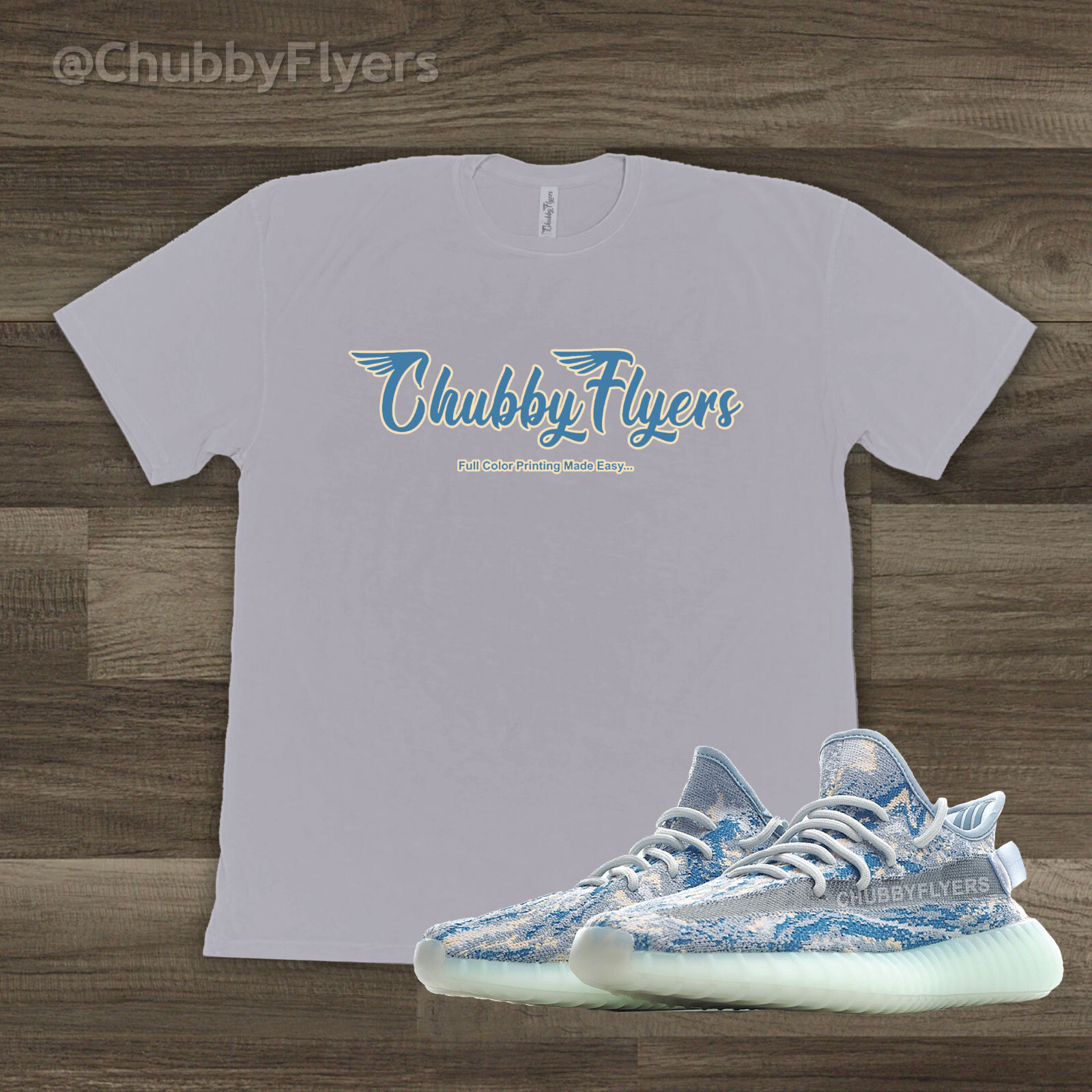 ChubbyFlyers Gray / Grey Shirt – Frost Blue LOGO w/ Beige Trim