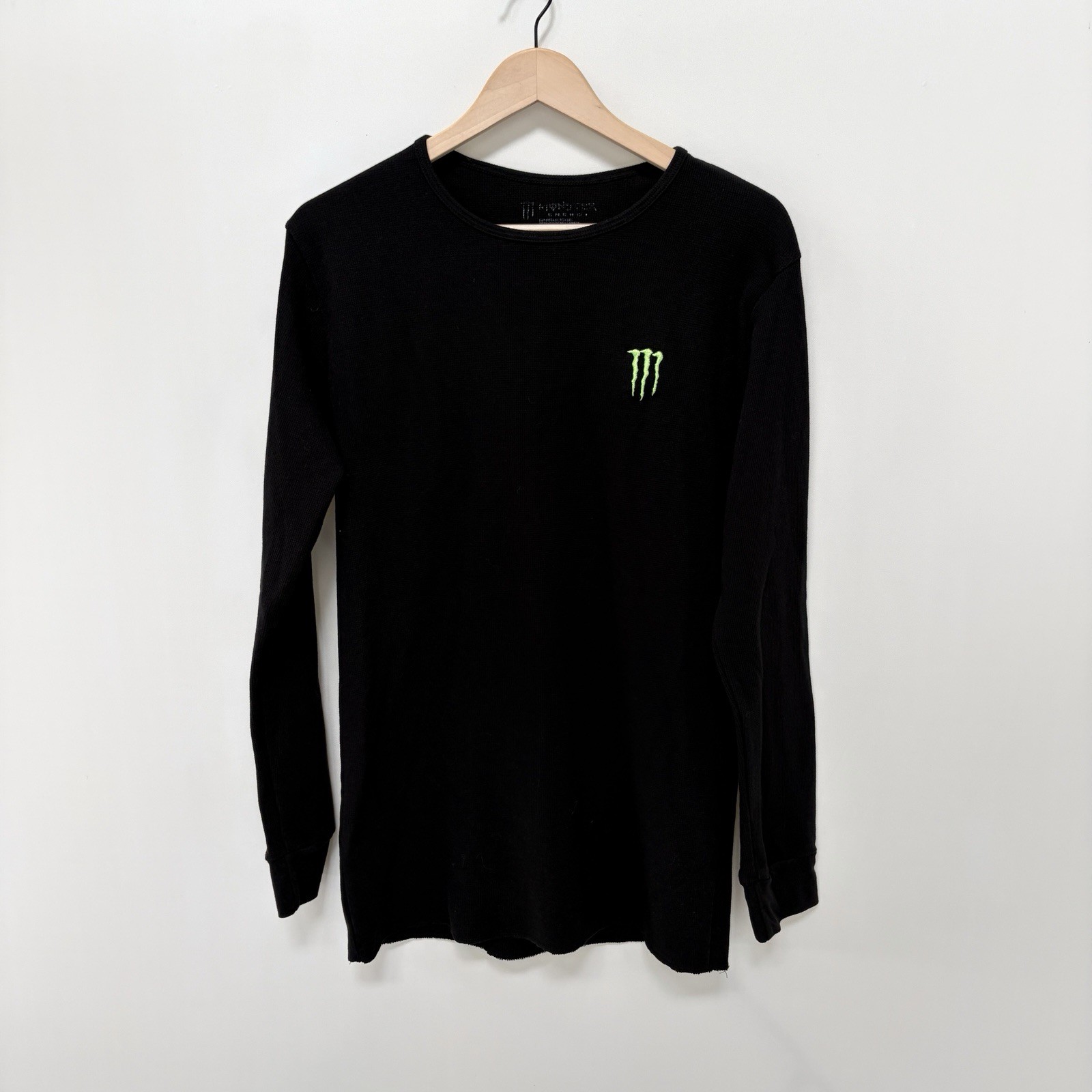 Monster Energy Waffle Knit Thermal Shirt Mens XL Black Long Sleeve Embroidered