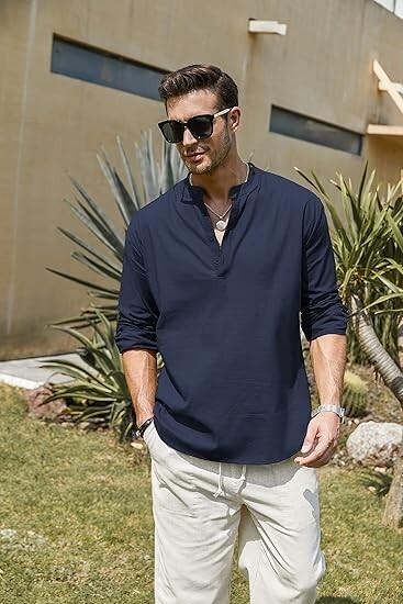 COOFANDY Men's Cotton Linen Henley T-Shirt Long Sleeve Hippie Casual Beach Blue gallery