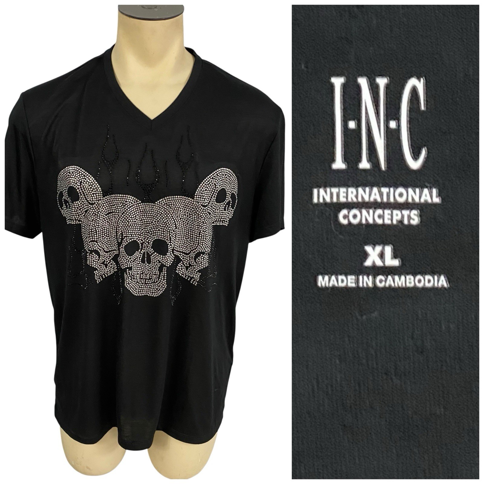 INC Skull T Shirt Mens XL Silver Beaded Skeleton Goth Halloween Horror Party gallery