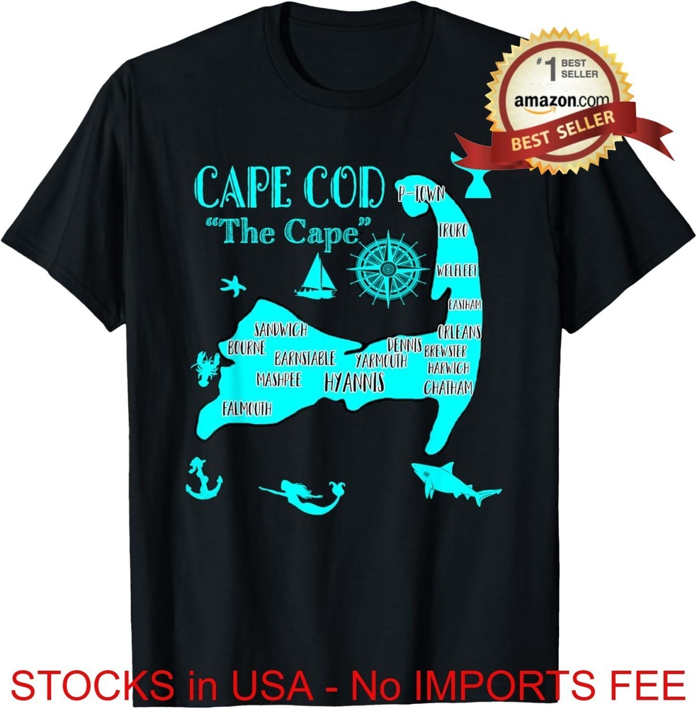 Cape Cod Aqua Blue T-Shirt Nautical Symbols Fish Map Summer Vacation Graphic Tee