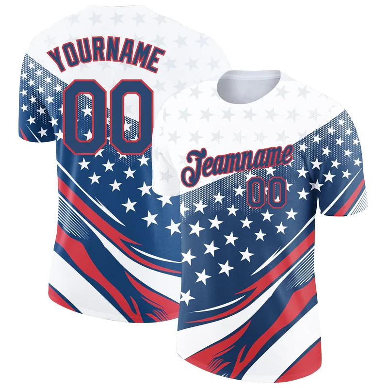 Custom White Navy-Red 3D American Flag Patriotic Performance T-Shirt HS1151