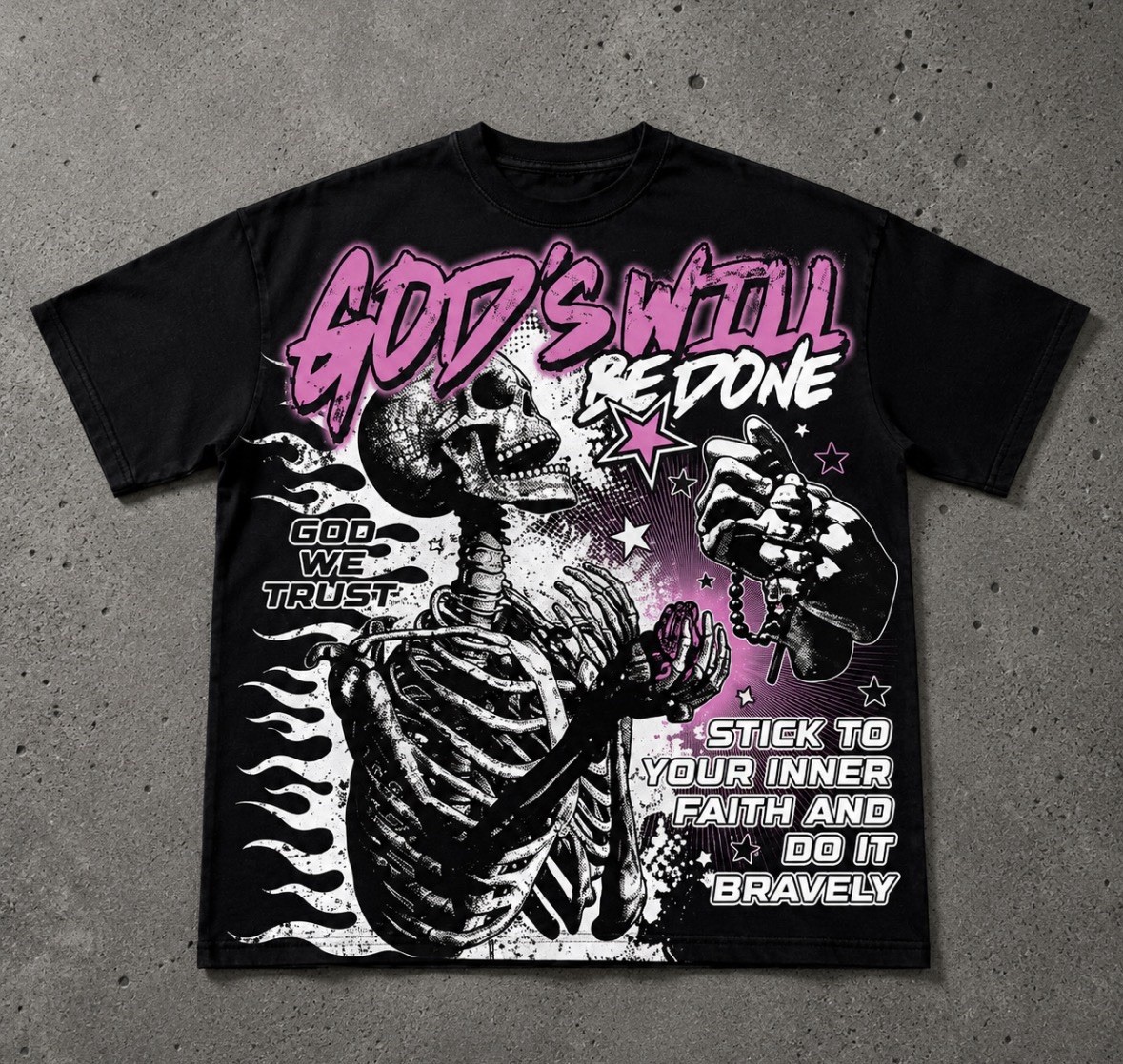 God’s Will Be Done Skeleton Graphic T Shirt Black Pink Streetwear Oversized Tee gallery