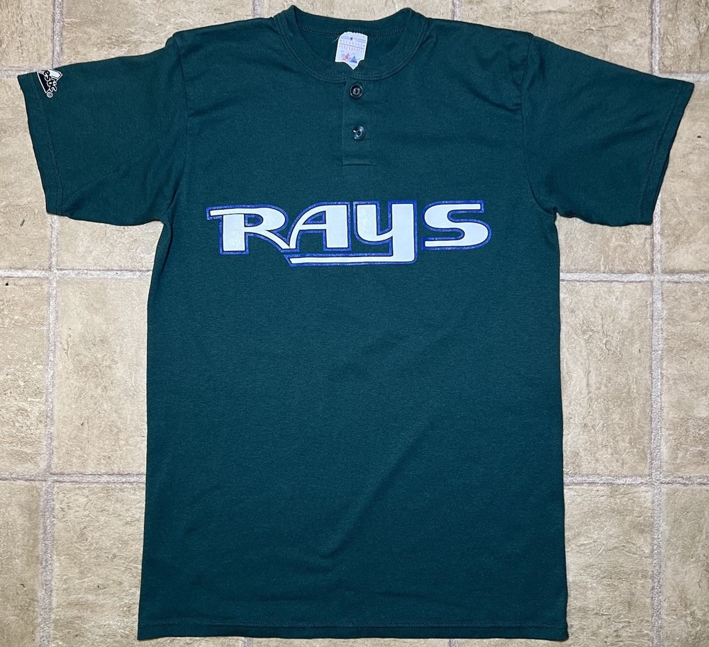 Vintage Majestic Tampa Bay Devil Rays Green Henley Graphic T-shirt Mens Small