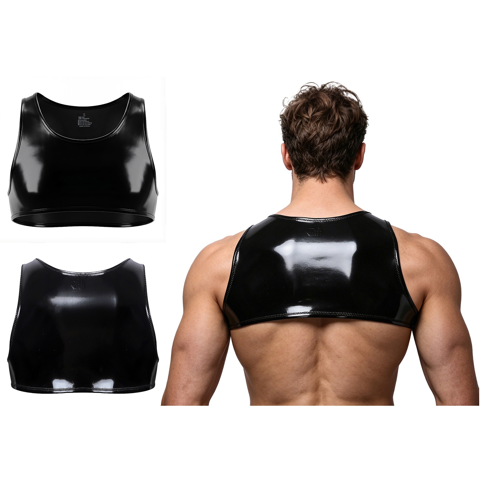 Men's PU Leather Crop Vest Sleeveless Showing Chest Muscle Wet-look Tops T-Shirt gallery