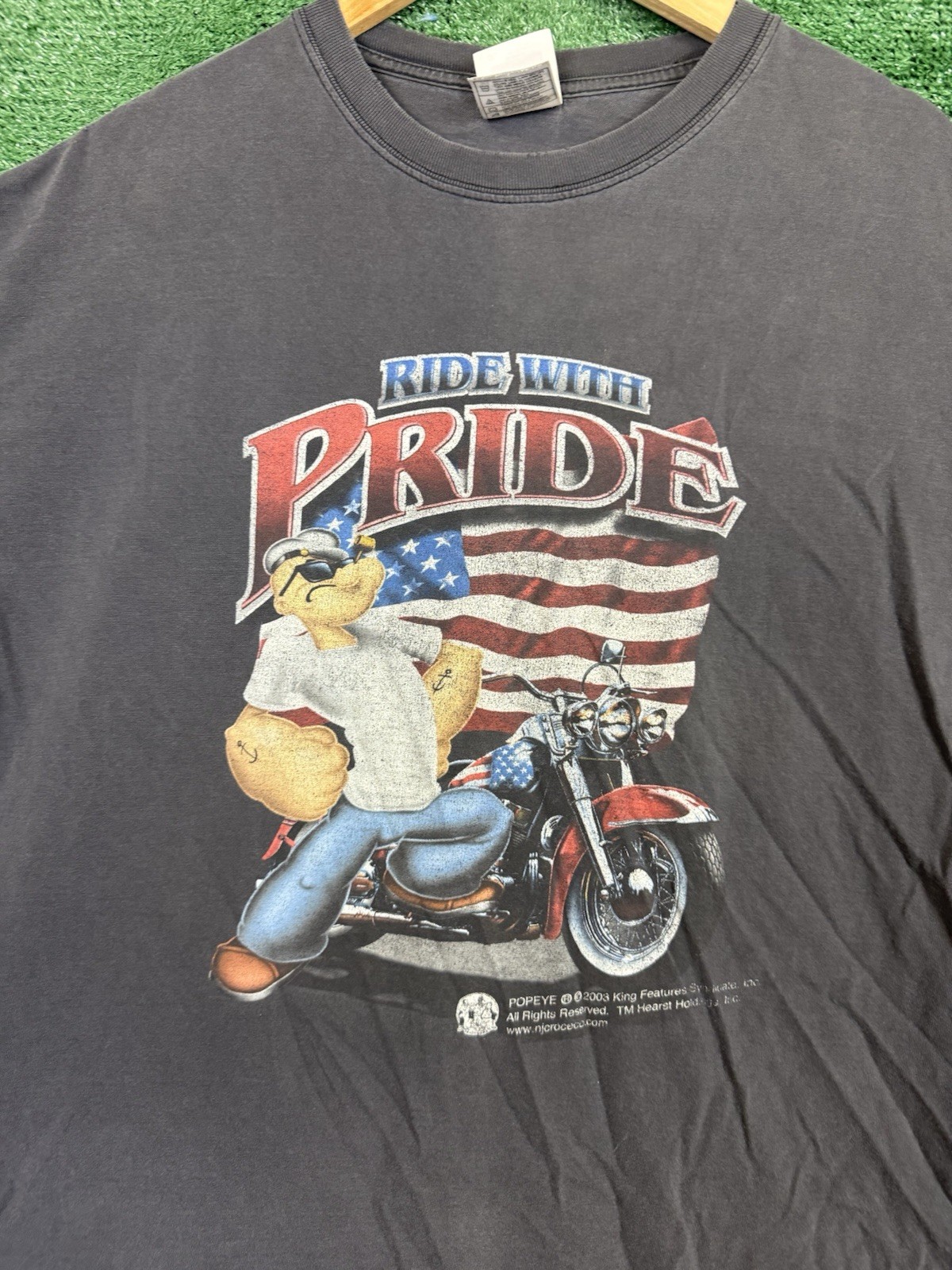 Vtg 90's Y2K POPEYE Ride With PRIDE USA American FLAG MOTORCYCLE BIKER T Shirt gallery