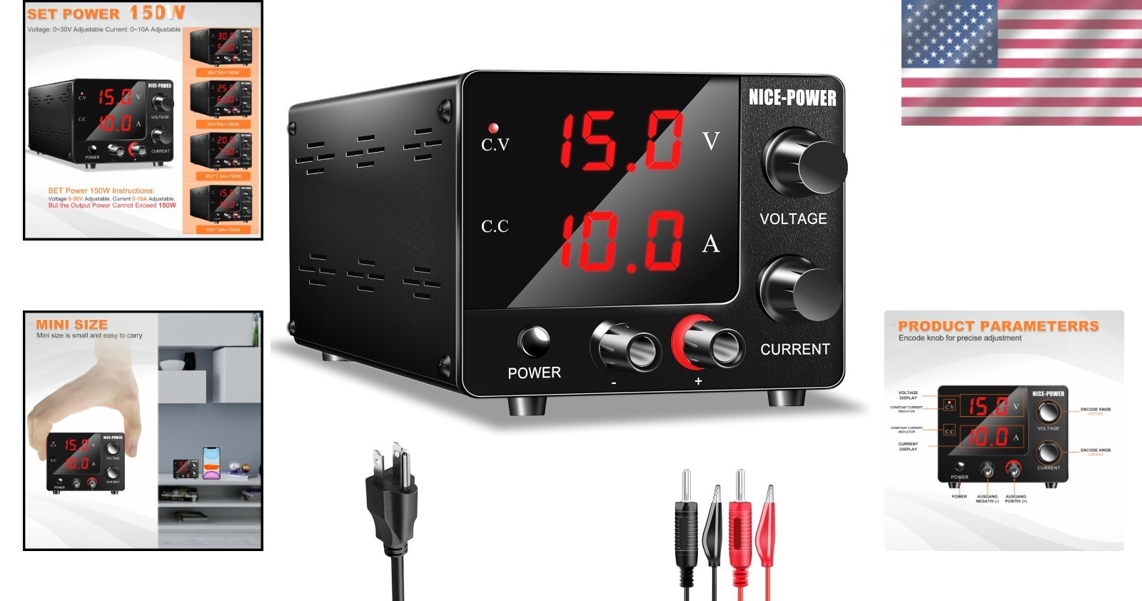 Compact 150W Adjustable DC Power Supply – 0-30V & 0-10A with Encoder Control