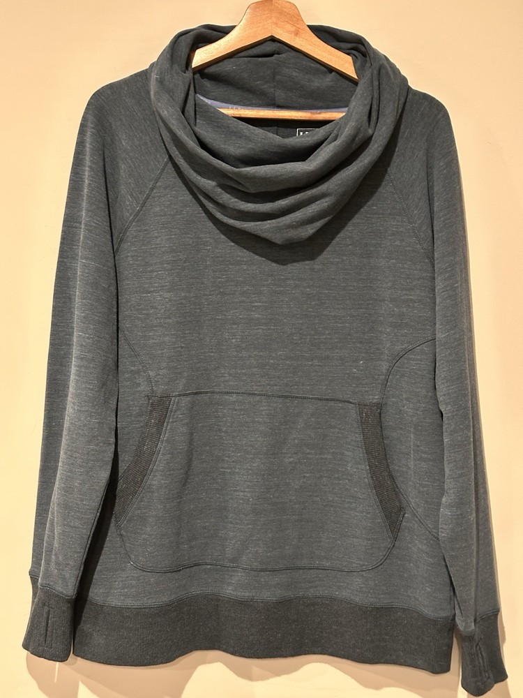 L.L.Bean Women’s Large Cowl Neck Pullover Sweatshirt Blue Gray Kangaroo Pocket