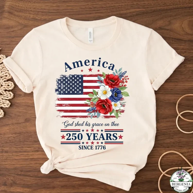 America 250 Years Flag Floral Graphic Shirt, 4th of July Patriotism Gift USA