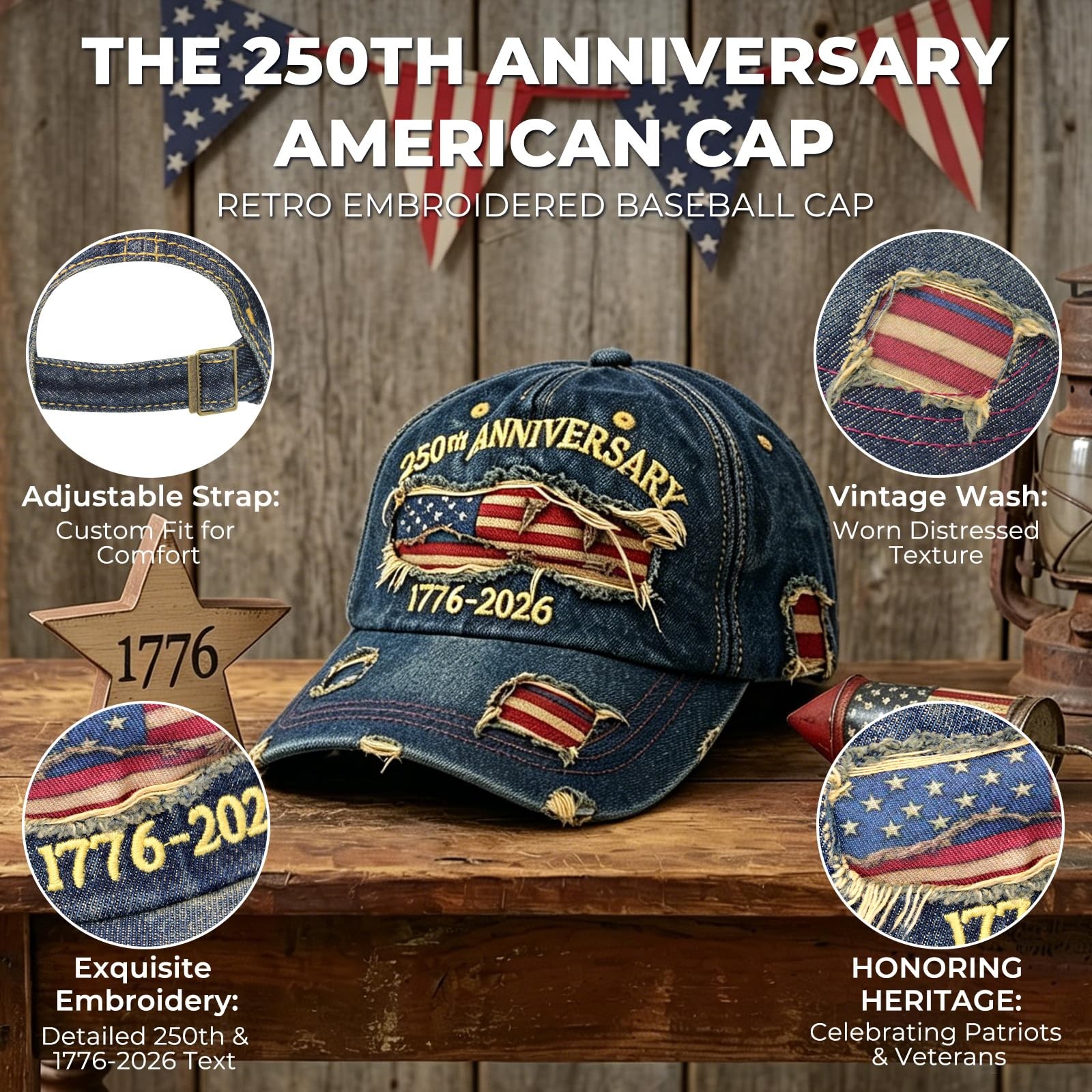 250th Anniversary USA Hat 1776-2026 Adjustable Patriotic Retro Embroidered De... gallery