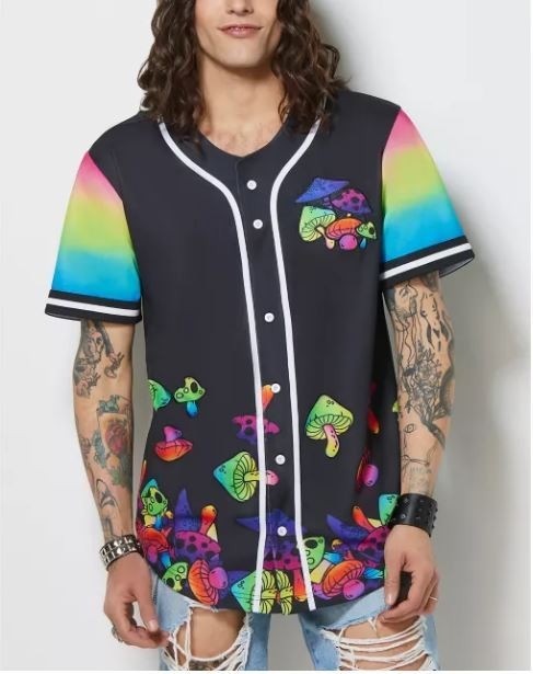 Spencer’s Psychedelic Mushroom “Eat Me” Rave Button up Baseball Jersey SZ M-NWOT