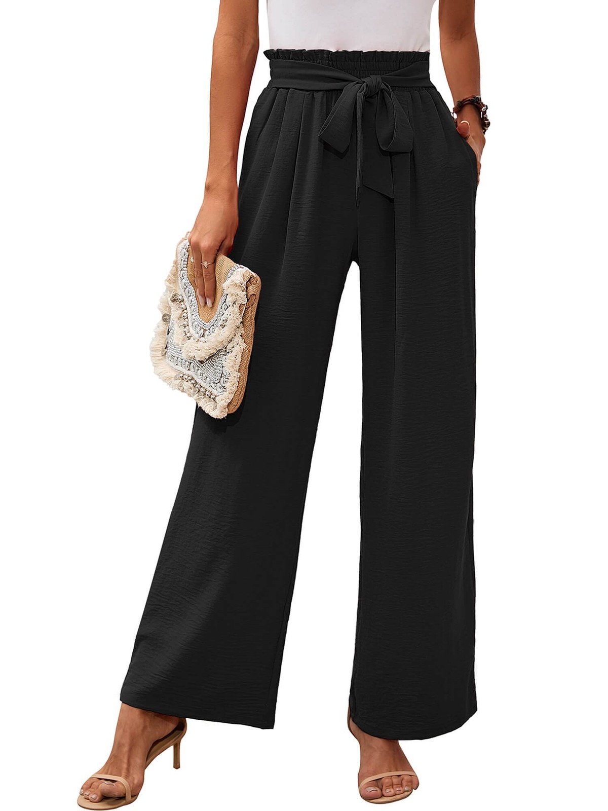Women’s Wide Leg Lounge Pants with Pockets Black Large Lightweight High Waist…