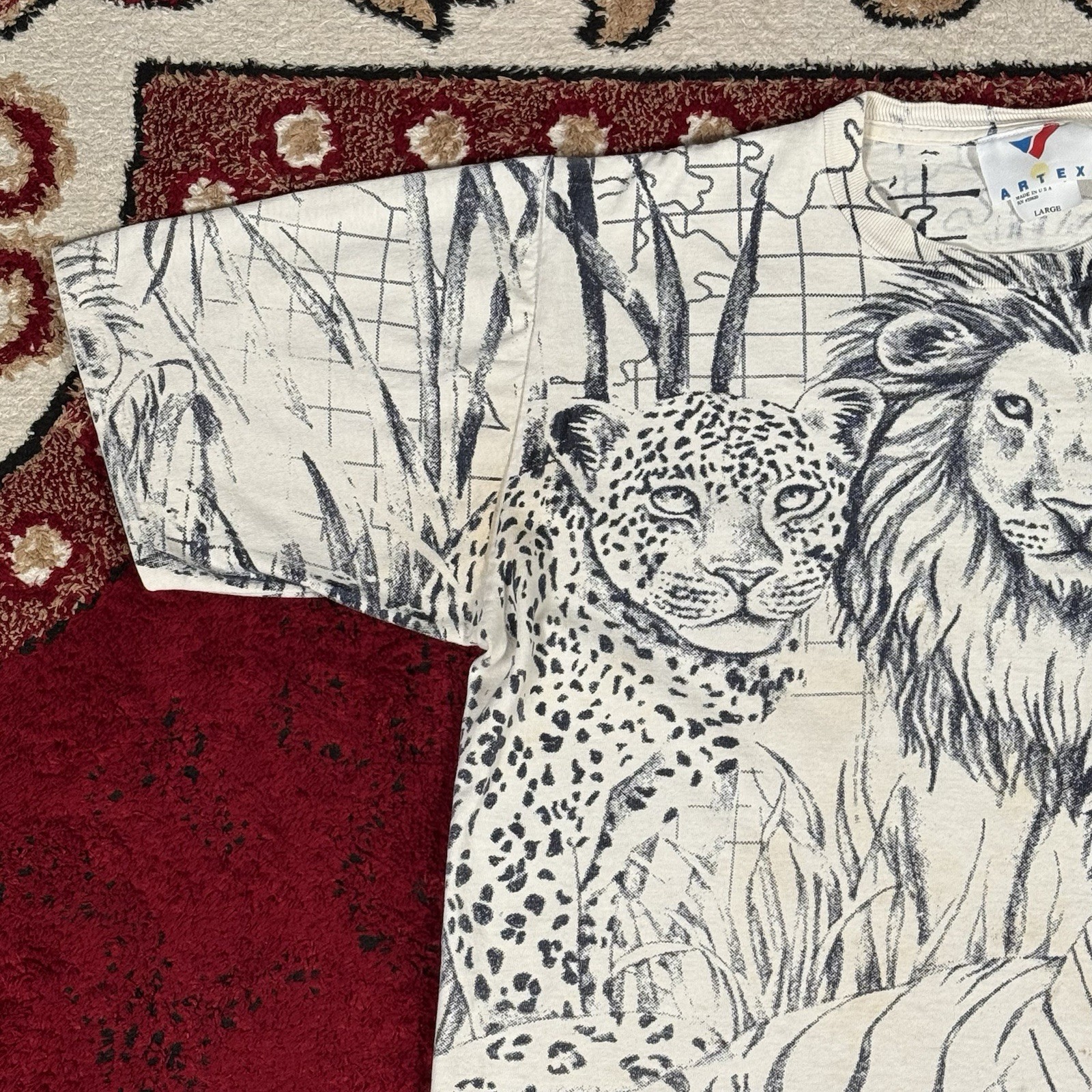 Vintage 80s-90s Artex Protect Wildlife Lion Tiger AOP T Shirt Size M Made In USA gallery