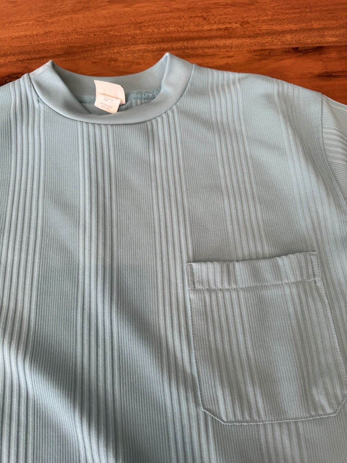 VTG 60s Hippie Shirt Stretch Crew Ribbed Polyester Blue Pocket Grandpa Dad Large gallery