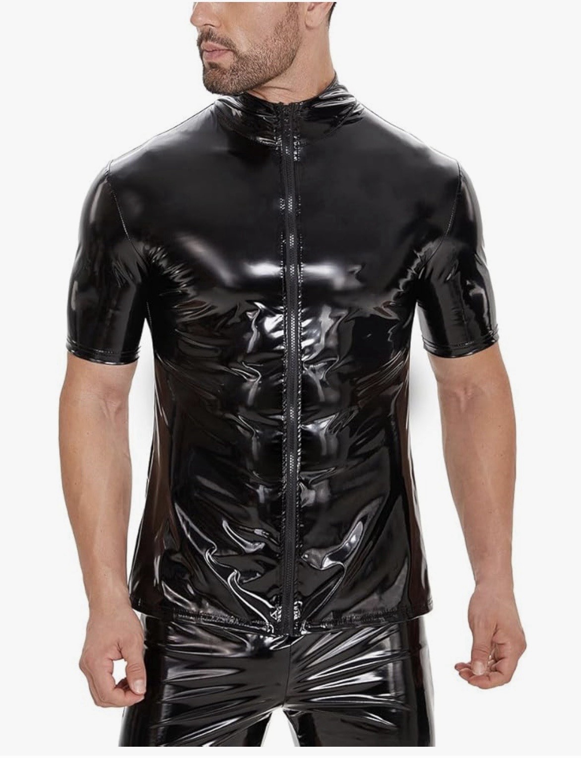 Men’s Sexy Leather Shirt Glossy Full Zipper Short Sleeve Shiny Make XXL