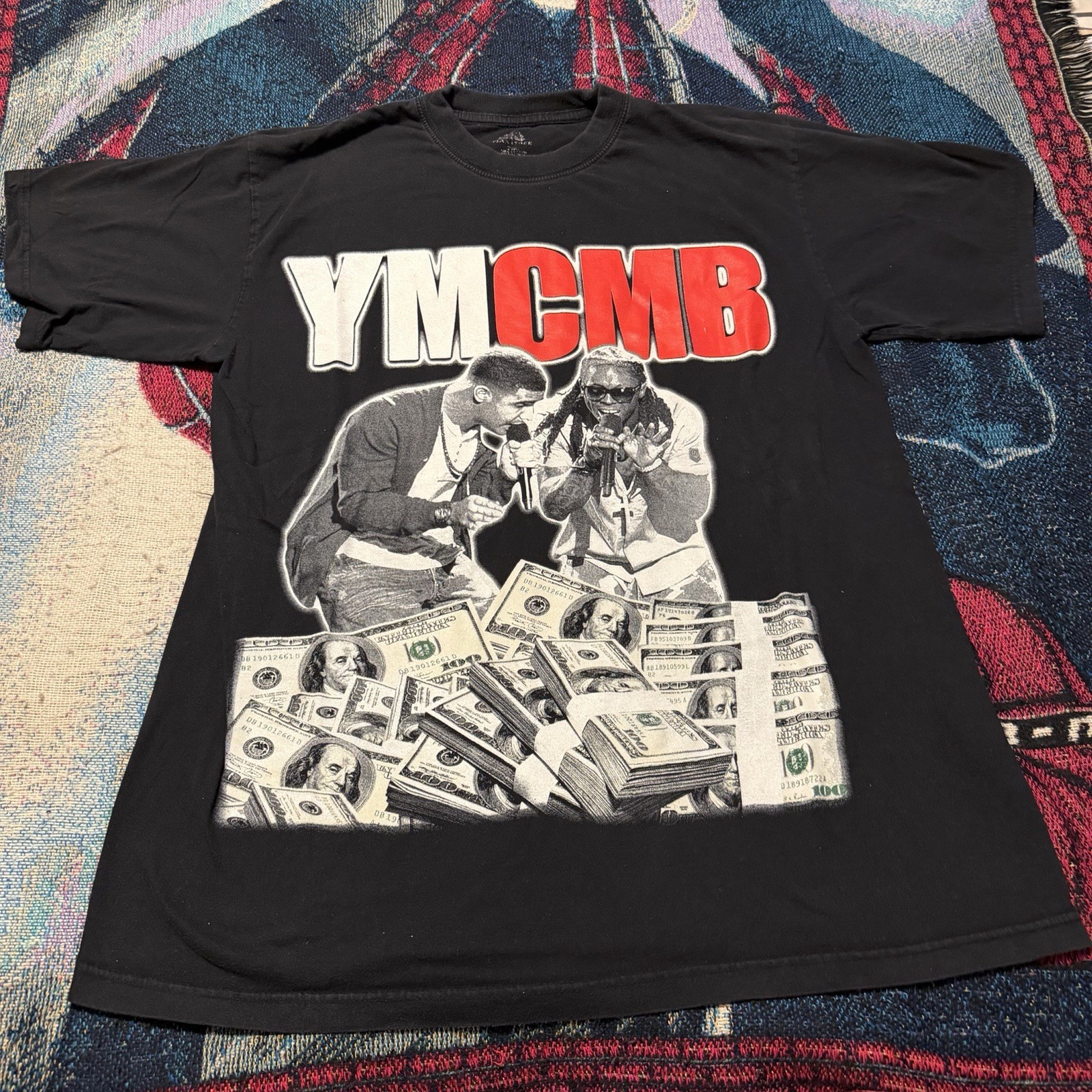 Vintage Y2K Lil Wayne Drake YMCMB Black Shirt Men's 2XL Rap Money AOP Big Print gallery