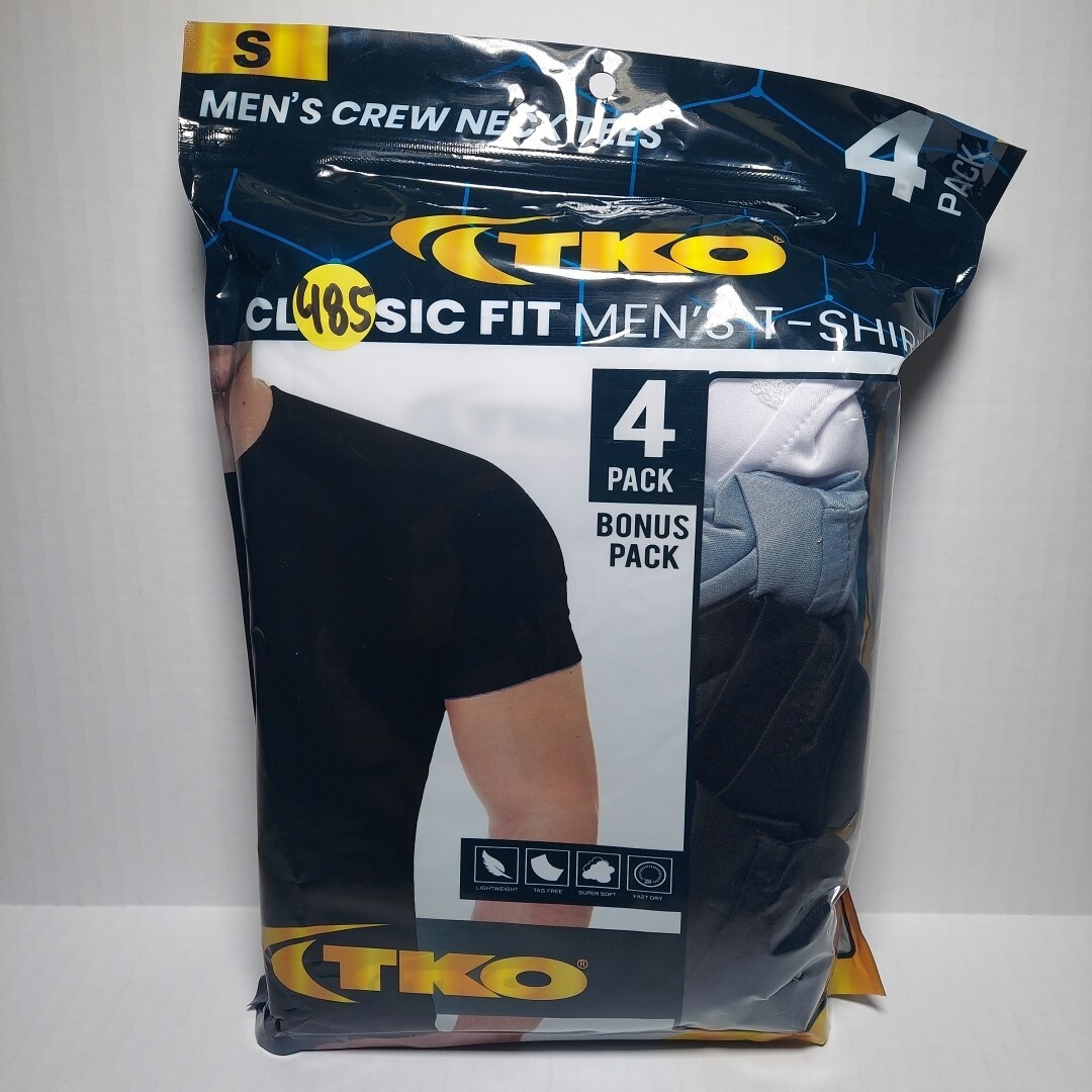 TKO Men’s Size S – Classic Fit T-Shirt 4-Pack Crew Neck T. = 2 Blk/1 Gry/ 1 Wht