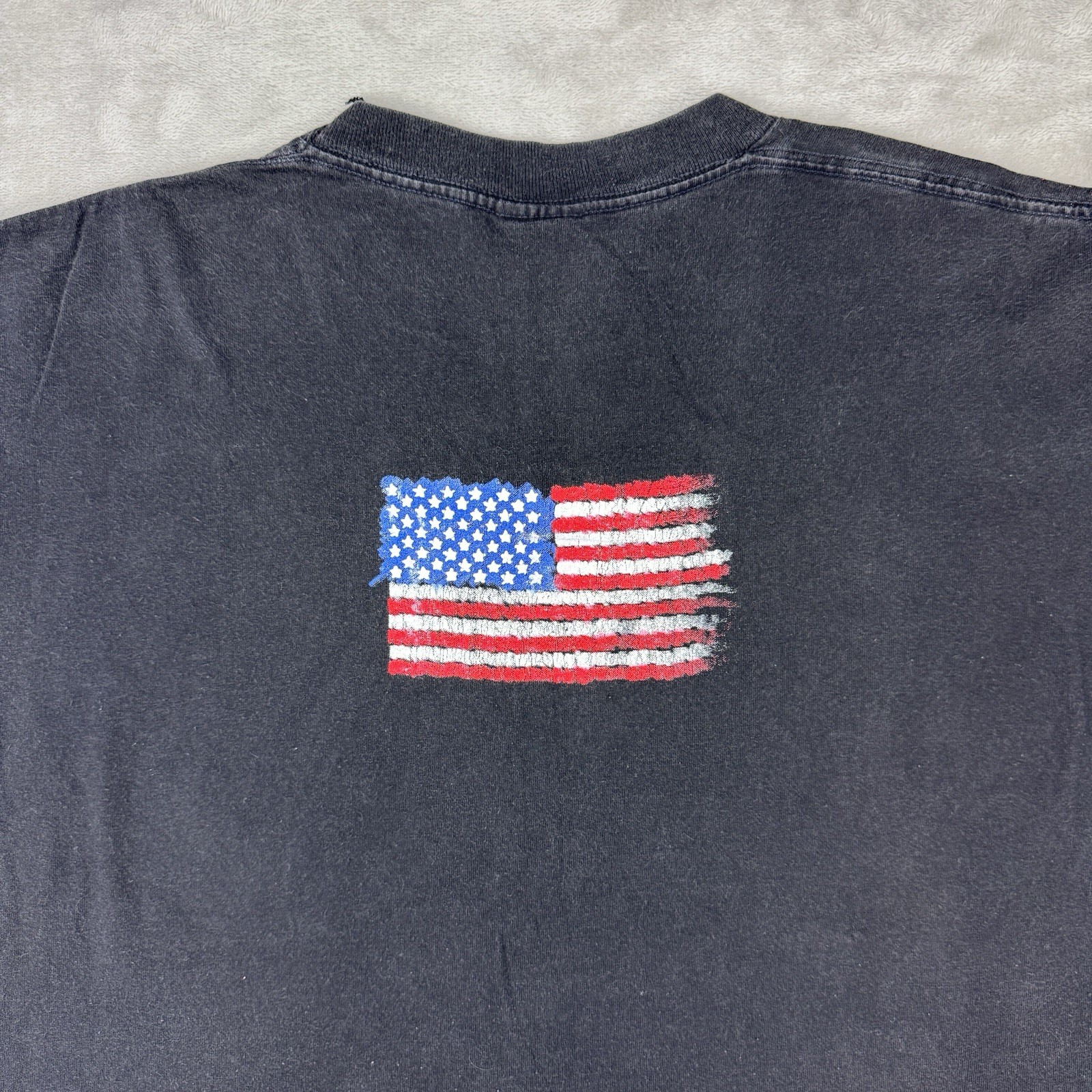 VTG 90s USA Textured Flag T Shirt Single Stitch Sun Faded Black Y2K Mens Large gallery
