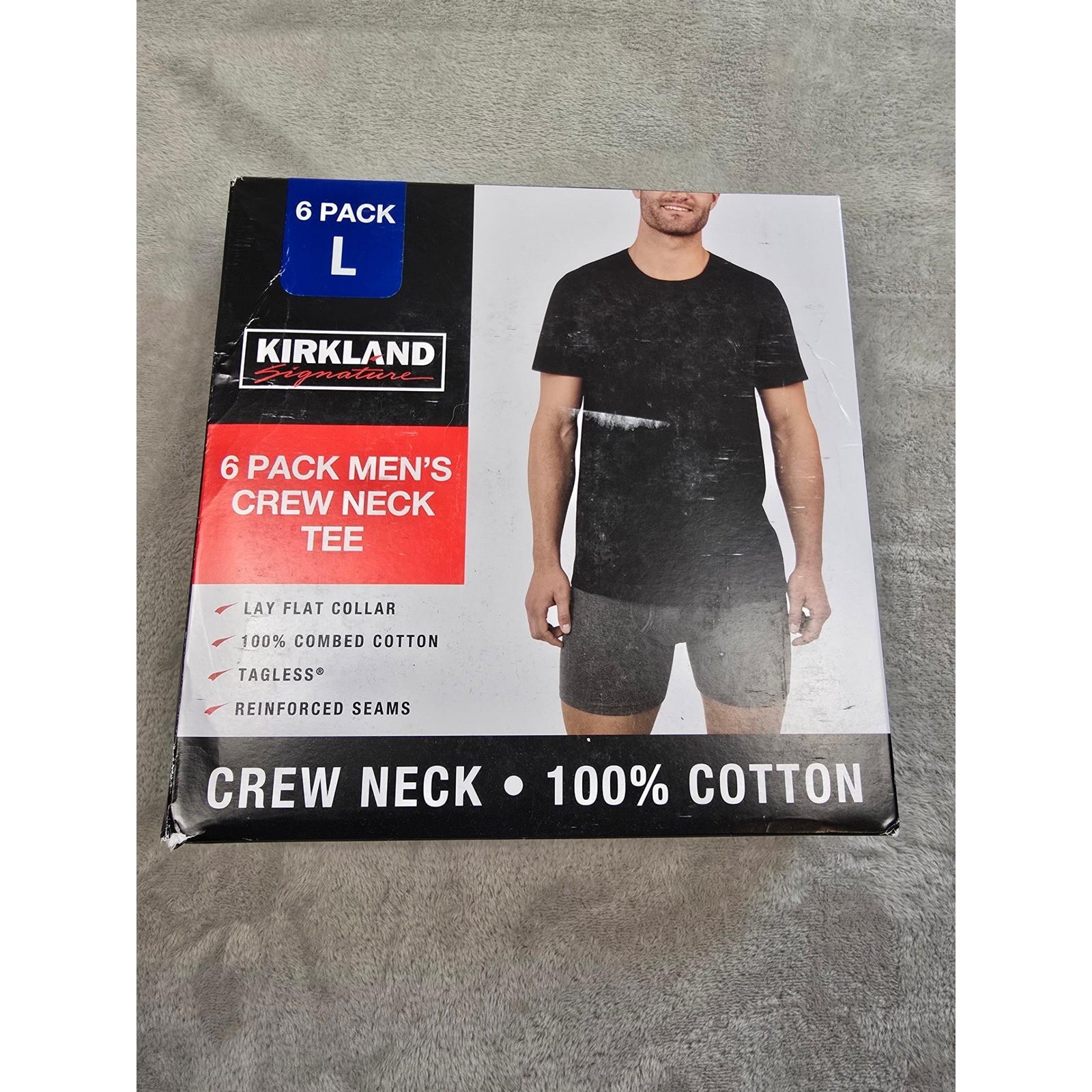 Kirkland Signature Crew Neck Tee Men Large Black 6 Pack 100% Cotton Tagless