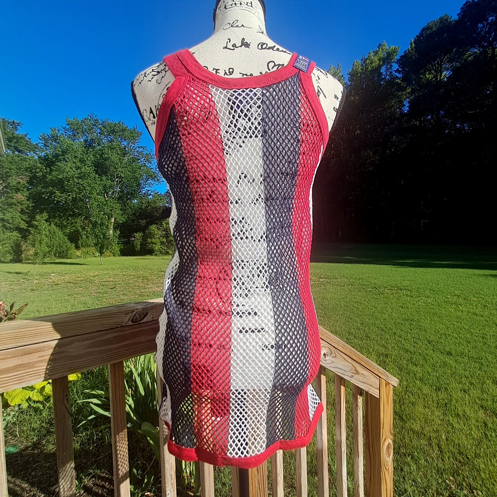 Vintage Trends String Vest Mesh Fishnet Tank Top Dress Large Patriotic USA Flag gallery
