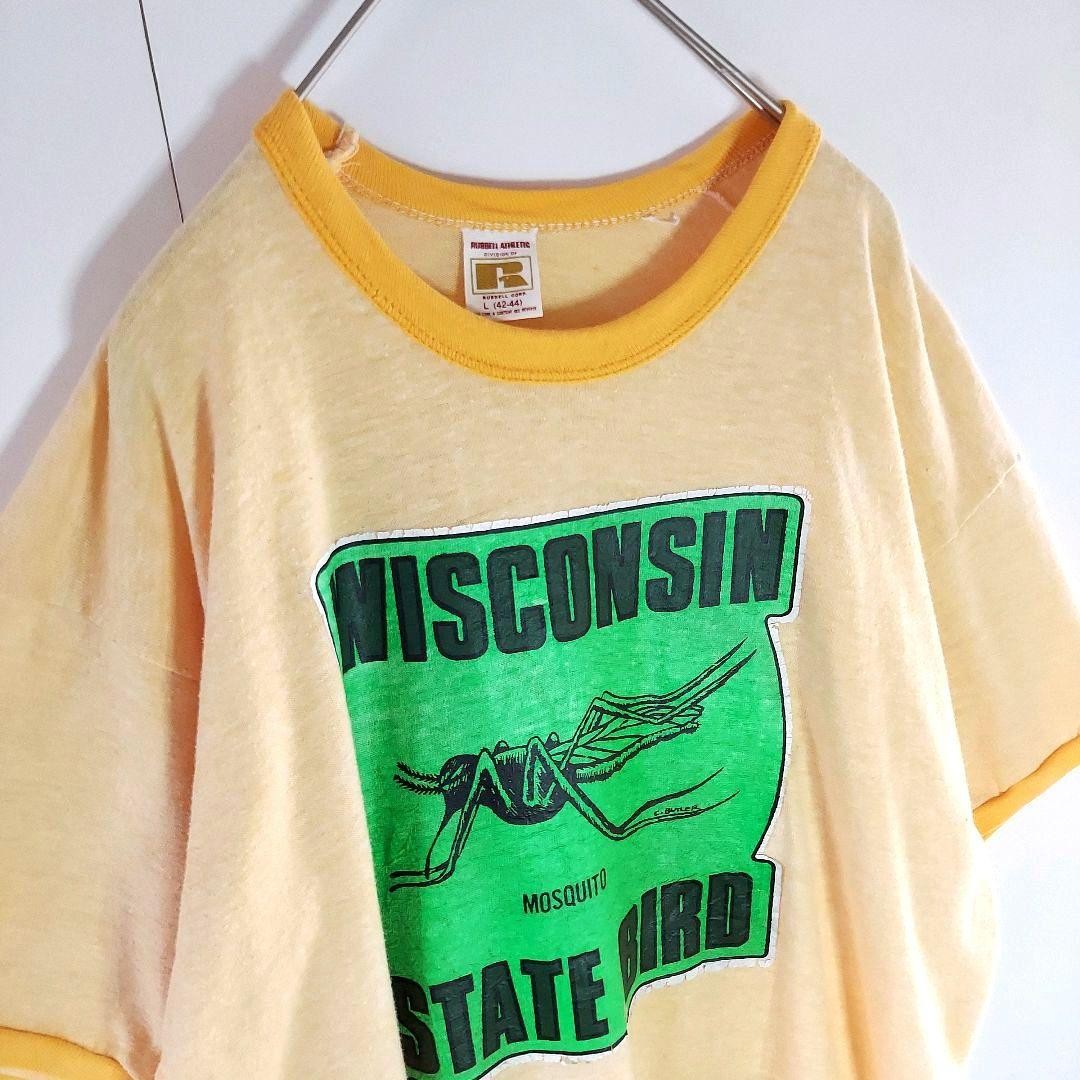 70s Russell Athletic Wisconsin Mosquito State Bird Ringer T-Shirt L Yellow
