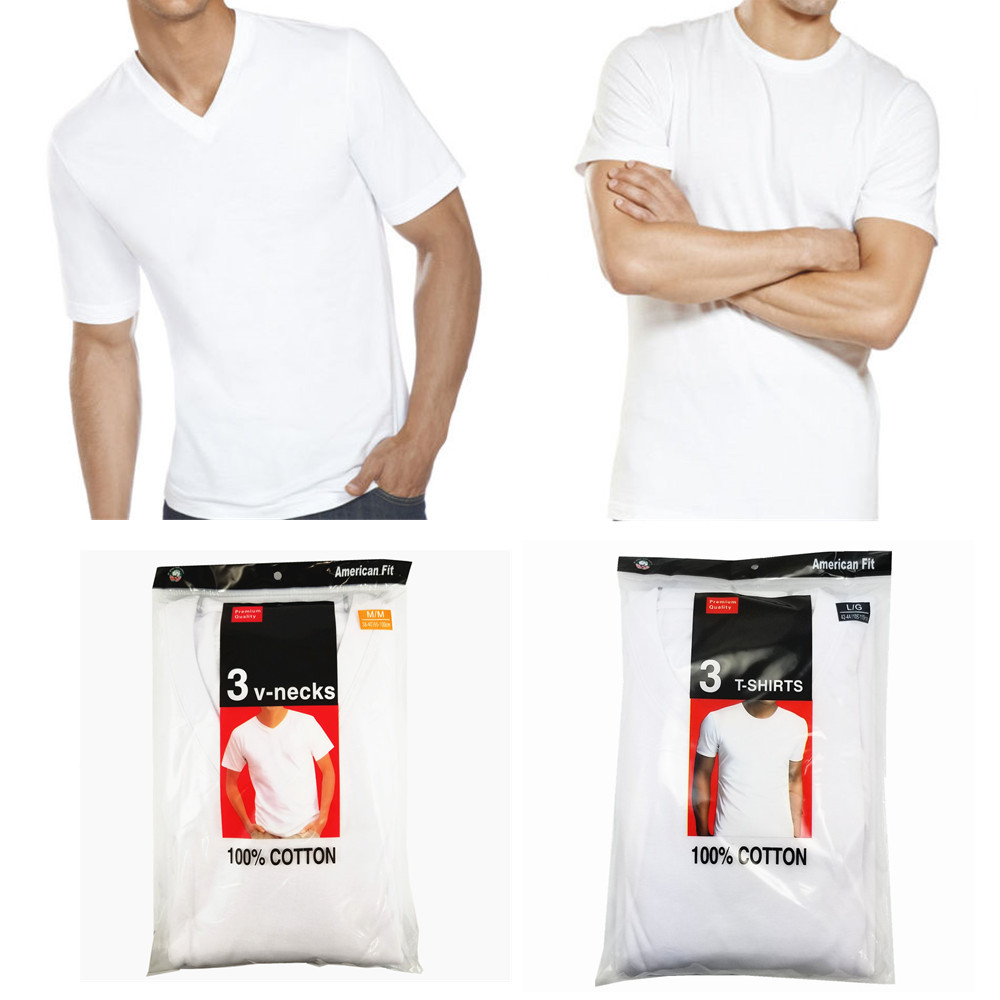 3-6 Pack Mens 100% Cotton Crew& V-Neck Tagless T-Shirt Undershirt White S-XL