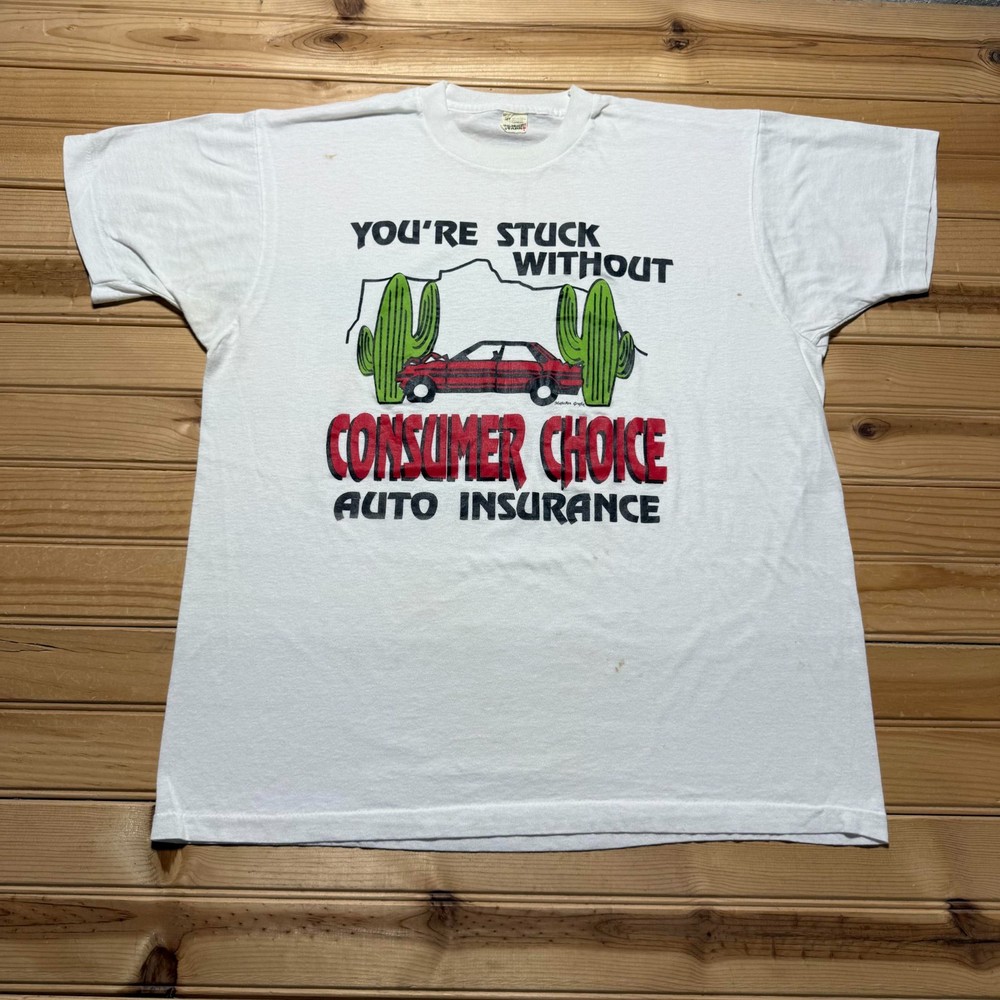 Vintage 80s Consumer Choice Auto Insurance Desert Promo Graphic T-Shirt USA – XL