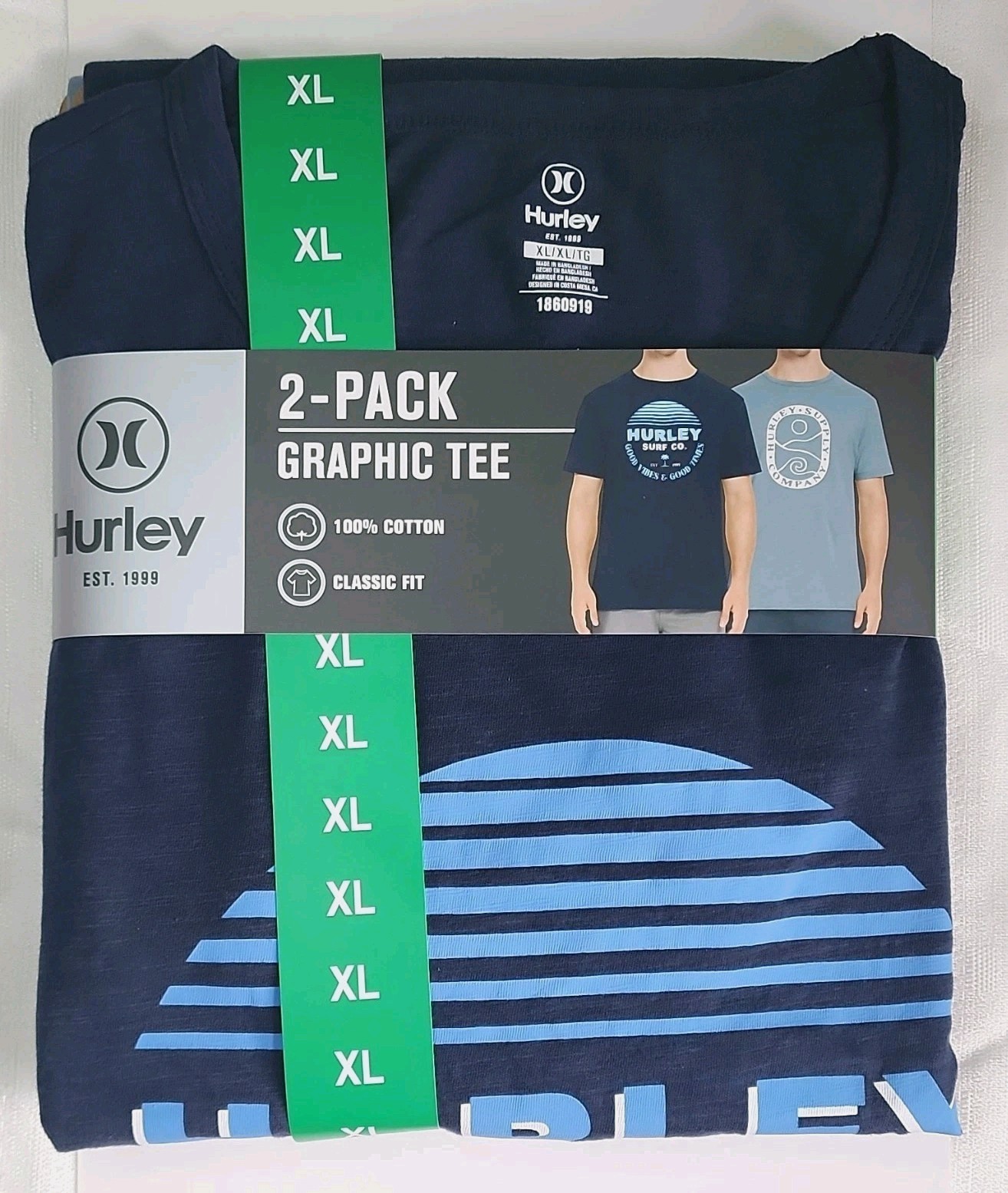 Hurley Men’s 2-Pack Graphic Logo 100% Cotton Knit Classic Fit Crew Tee XL Blue! gallery