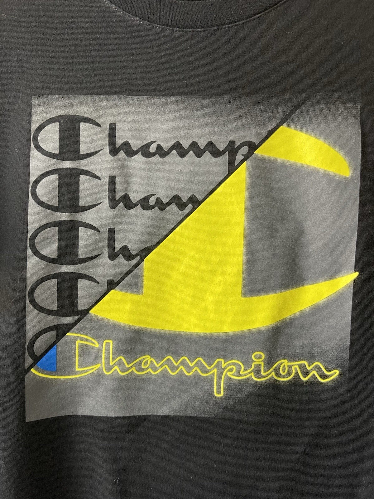 Champion Men's T-Shirt XL Short Sleeve Black Neon Yellow Logo Shipped Same Day gallery