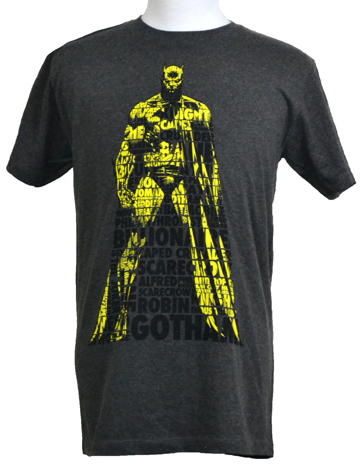 Batman Cloaked in Text T-shirt DC Comics Dark Knight Graphic Tee Charcoal NWT
