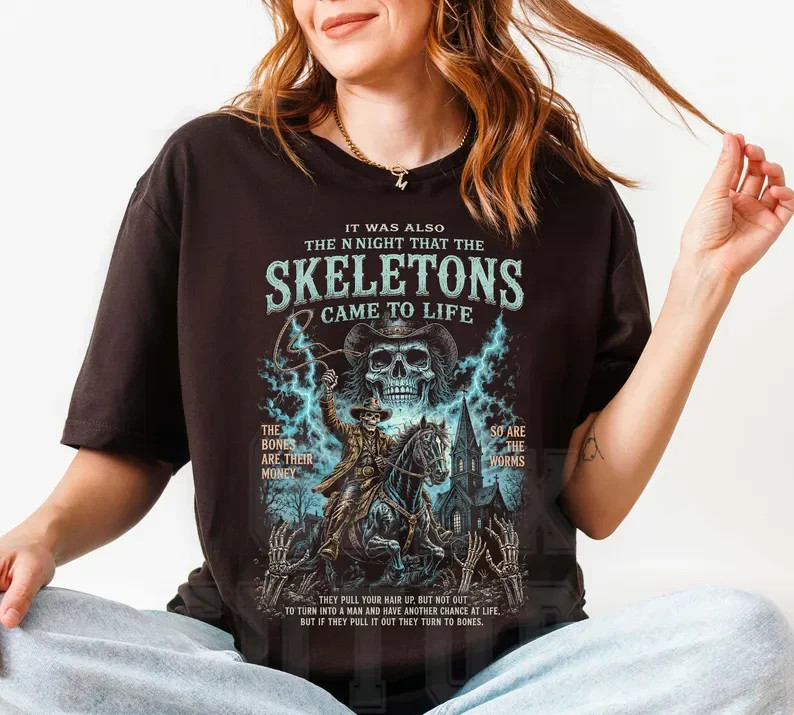 Skeleton Cowboy Shirt, Western Horror Graphic Tee, Night Skeletons Came To Life gallery