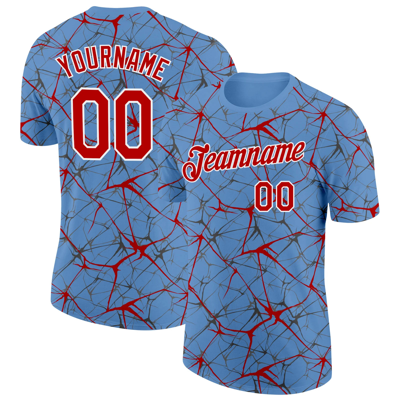Custom Light Blue Red Abstract Crackle Sports Tee Personalized Team Jersey