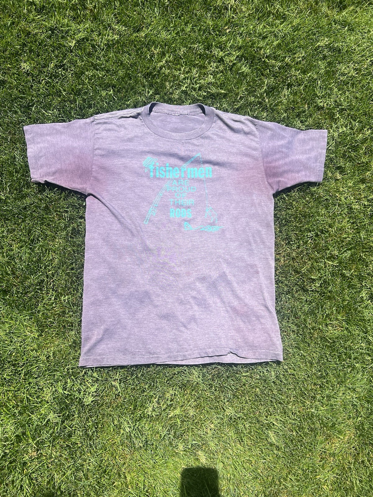 Vintage Fishing Shirt Mens Large Fishermen are proud of their rods Dyed Grey SS gallery