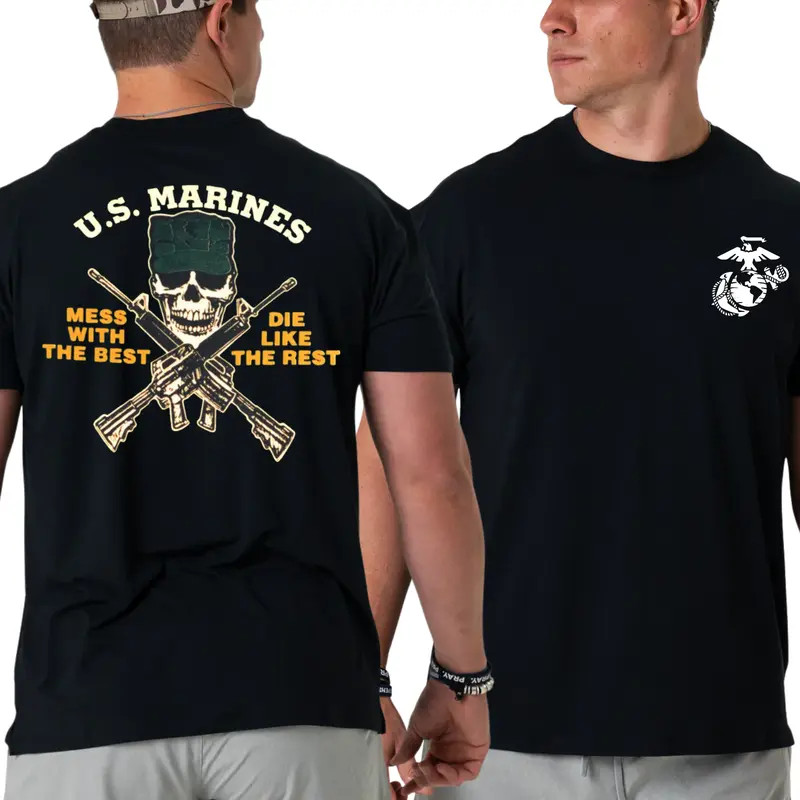 U.S. Marines Skull T-Shirt, Bold Military Pride Design 2 Sides, Mess With The Be gallery