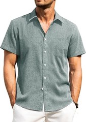 Men’s Linen Shirt Short Sleeve Button Down Wrinkle Free Casual Summer Beach Top