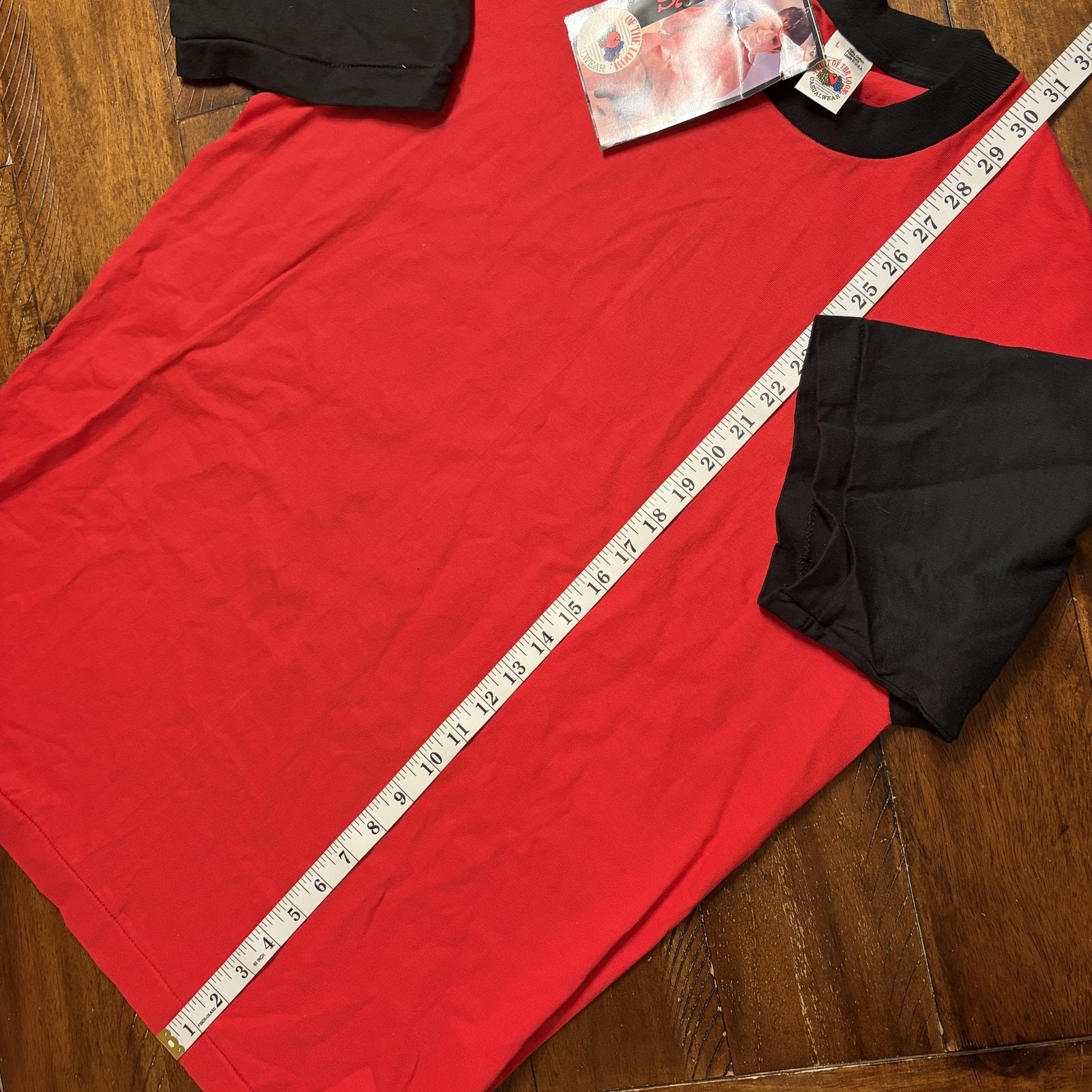 Vintage Fruit Of The Loom Shirt Mens Large Red Black Colorblock Tee Made USA 90s gallery