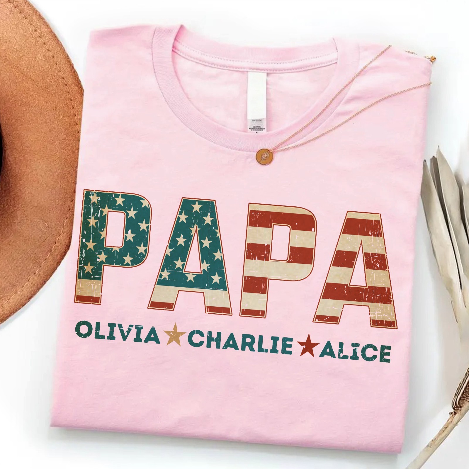 Personalized Papa Shirt Custom Kids Name Patriotic Dad USA Flag Fathers Gift Tee gallery