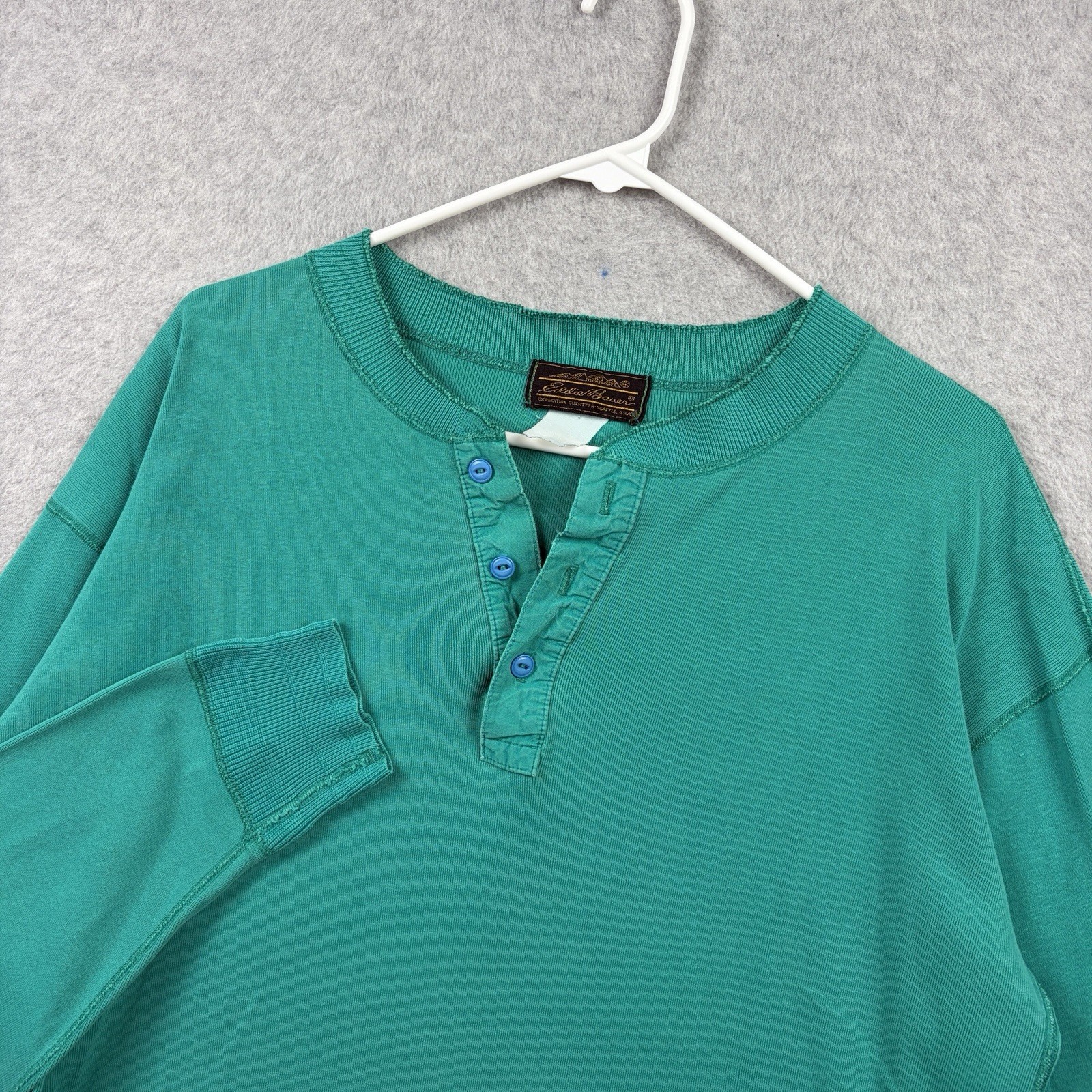 Vintage Eddie Bauer Shirt Mens Large Teal Henley Long Sleeve Knit 80s 90s USA