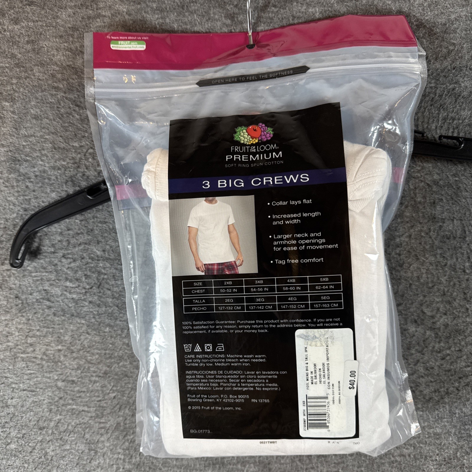 Fruit Of the Loom Undershirts T-Shirt 3-pk Big Man Crew Neck 2XB White NEW gallery