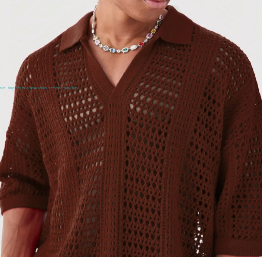 Men's Crochet Button Down T-Shirt Short Sleeve Hollow Out Collar Beach Knit Tops gallery