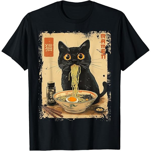 Vintage Kawaii Cat Ramen Graphic Tee, 100% Cotton Crew Neck T-Shirt